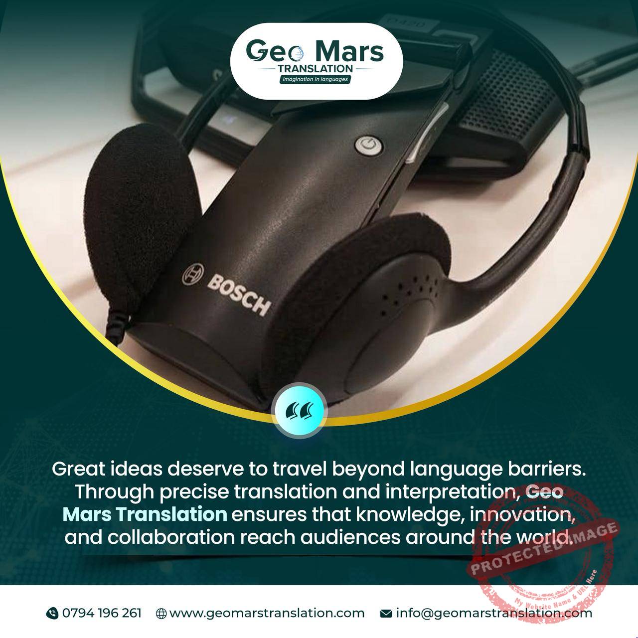 Geo Mars Translation branded interpretation equipment representing professional translation and communication support