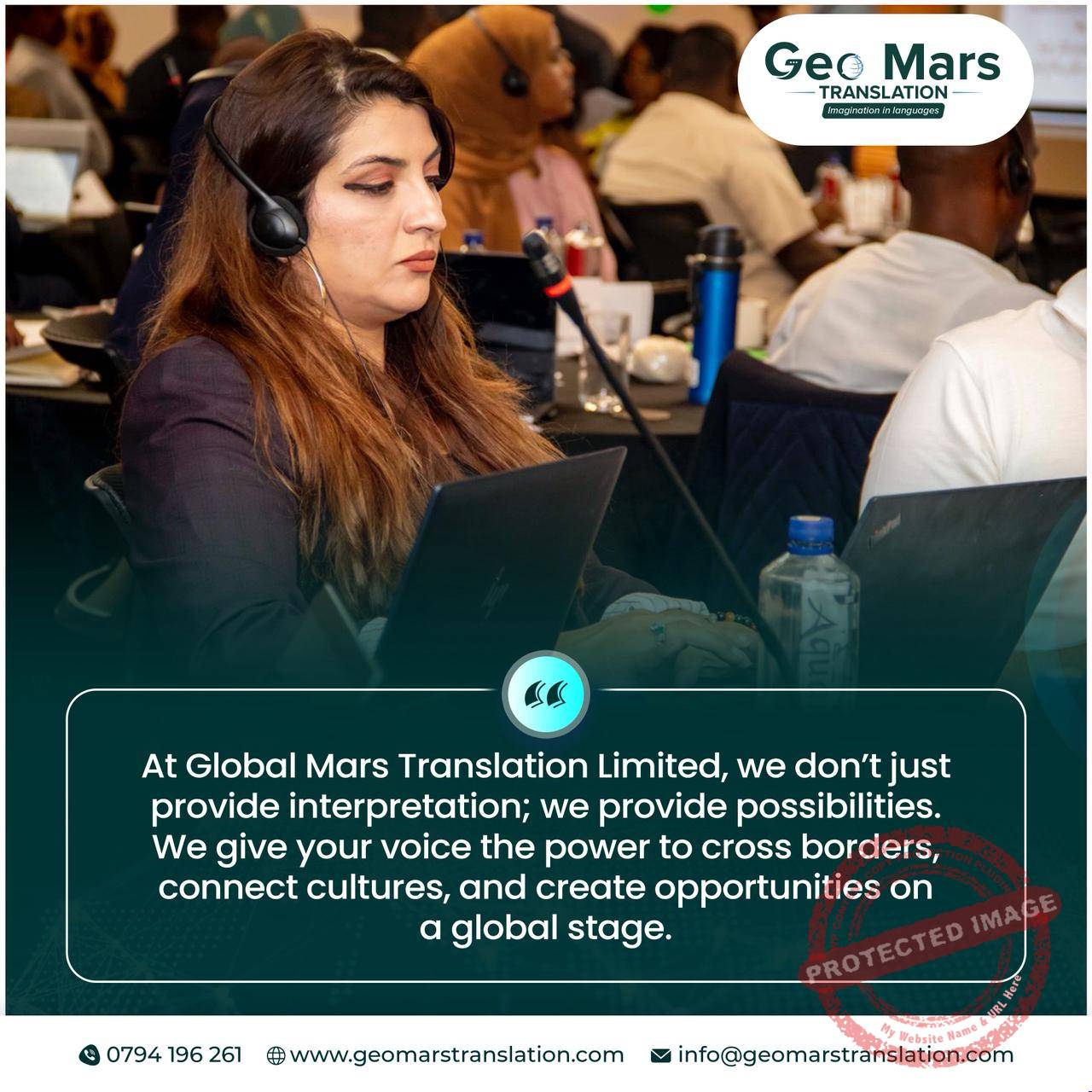 Conference interpreter supporting multilingual delegates at an international meeting