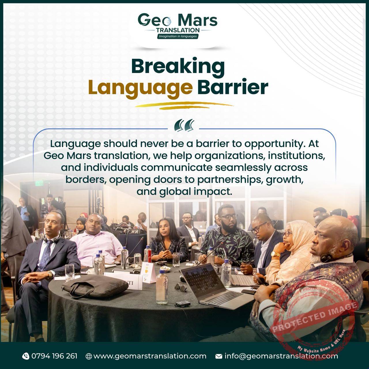 Geo Mars Translation poster showing a boardroom and the message breaking language barrier