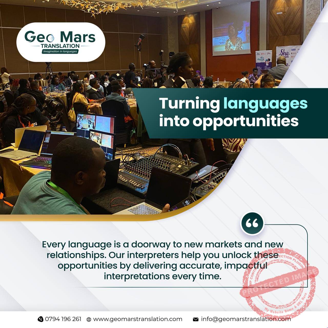 Conference setting with Geo Mars Translation message about turning languages into opportunities