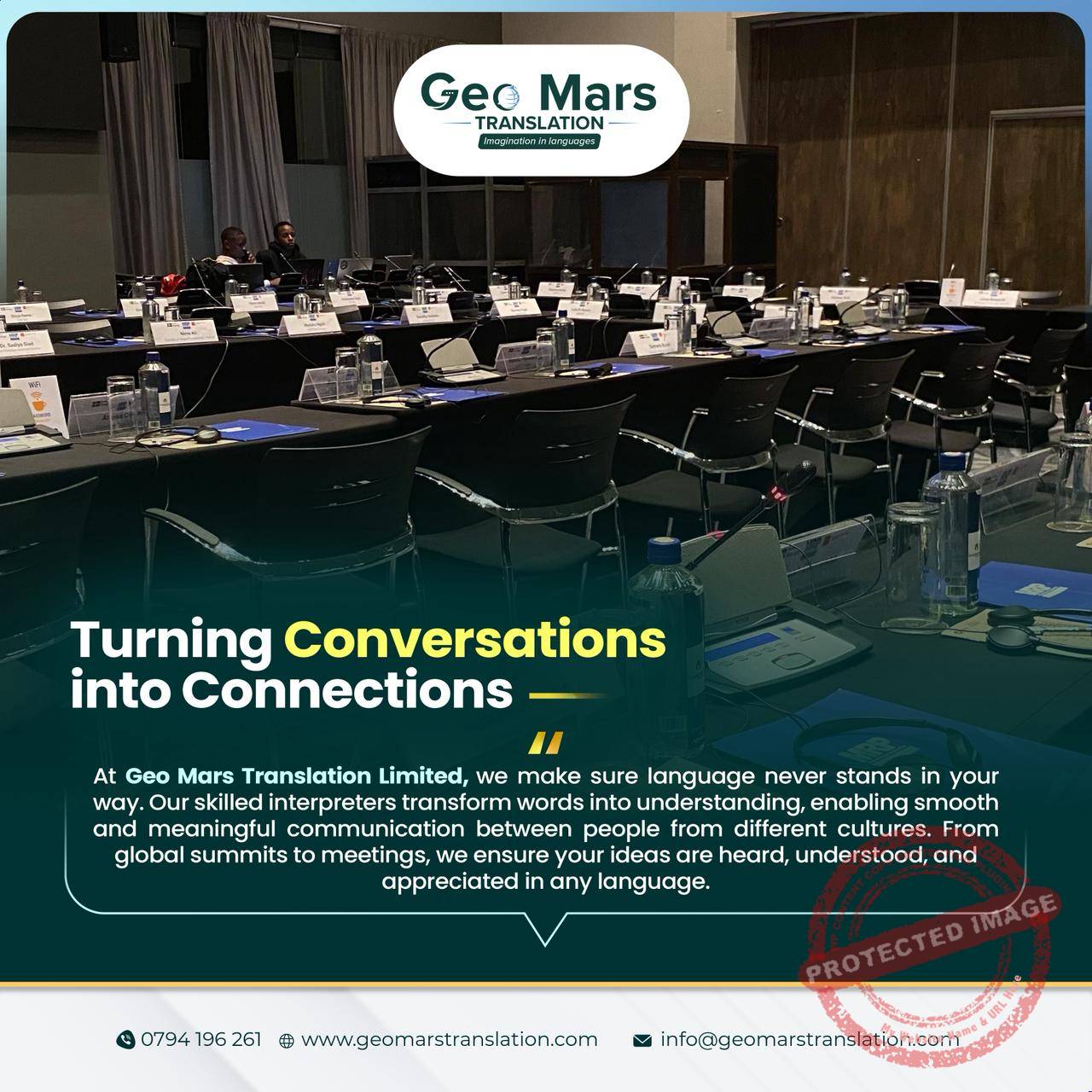 Conference room with microphones showing multilingual conversations turning into connections