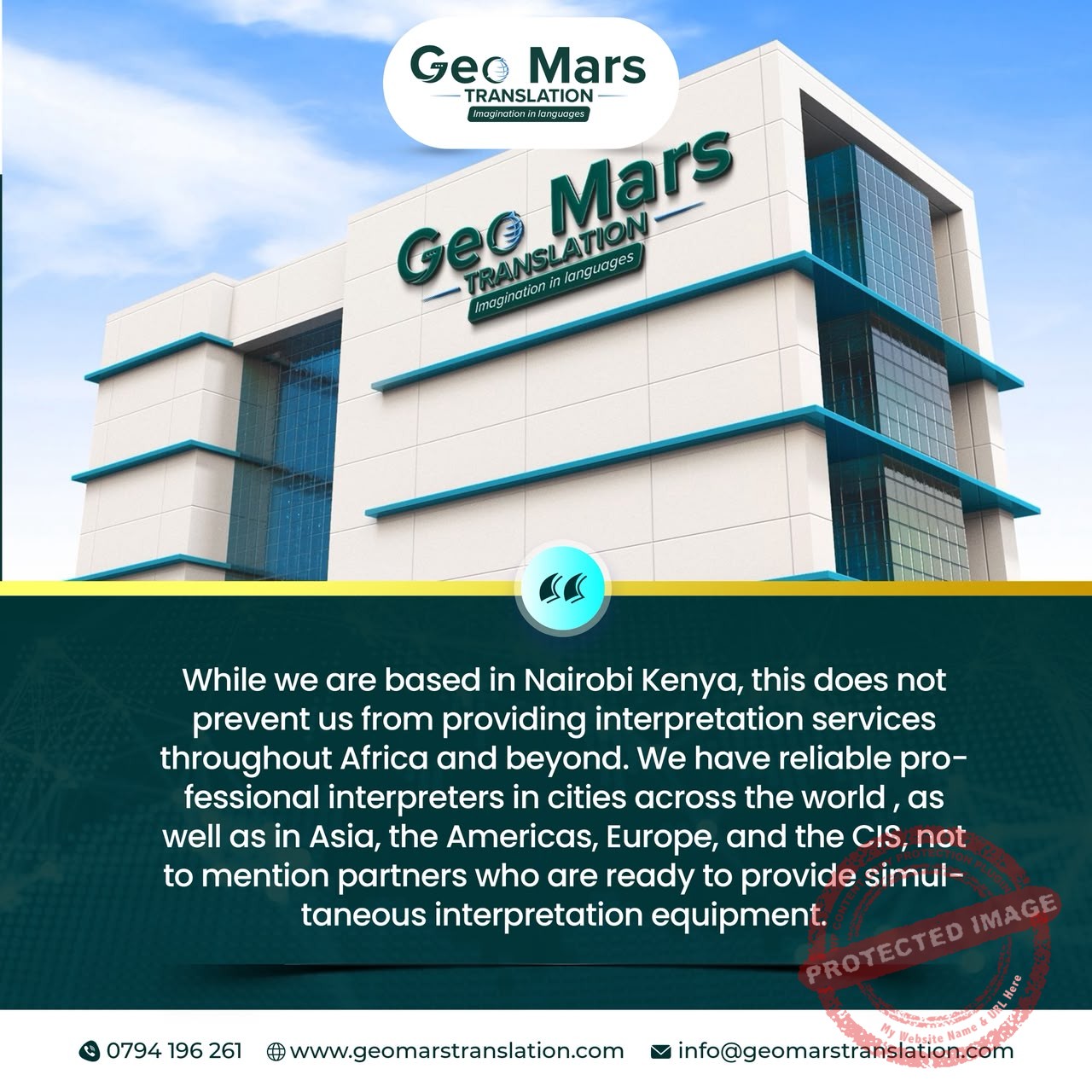 Modern building with Geo Mars Translation branding representing Nairobi-based global interpretation support